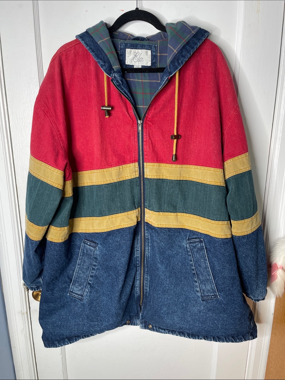 Vintage Elan Denim Coat 2X Colorblock Hood Zip Front Plaid Lined Women’s Cotton